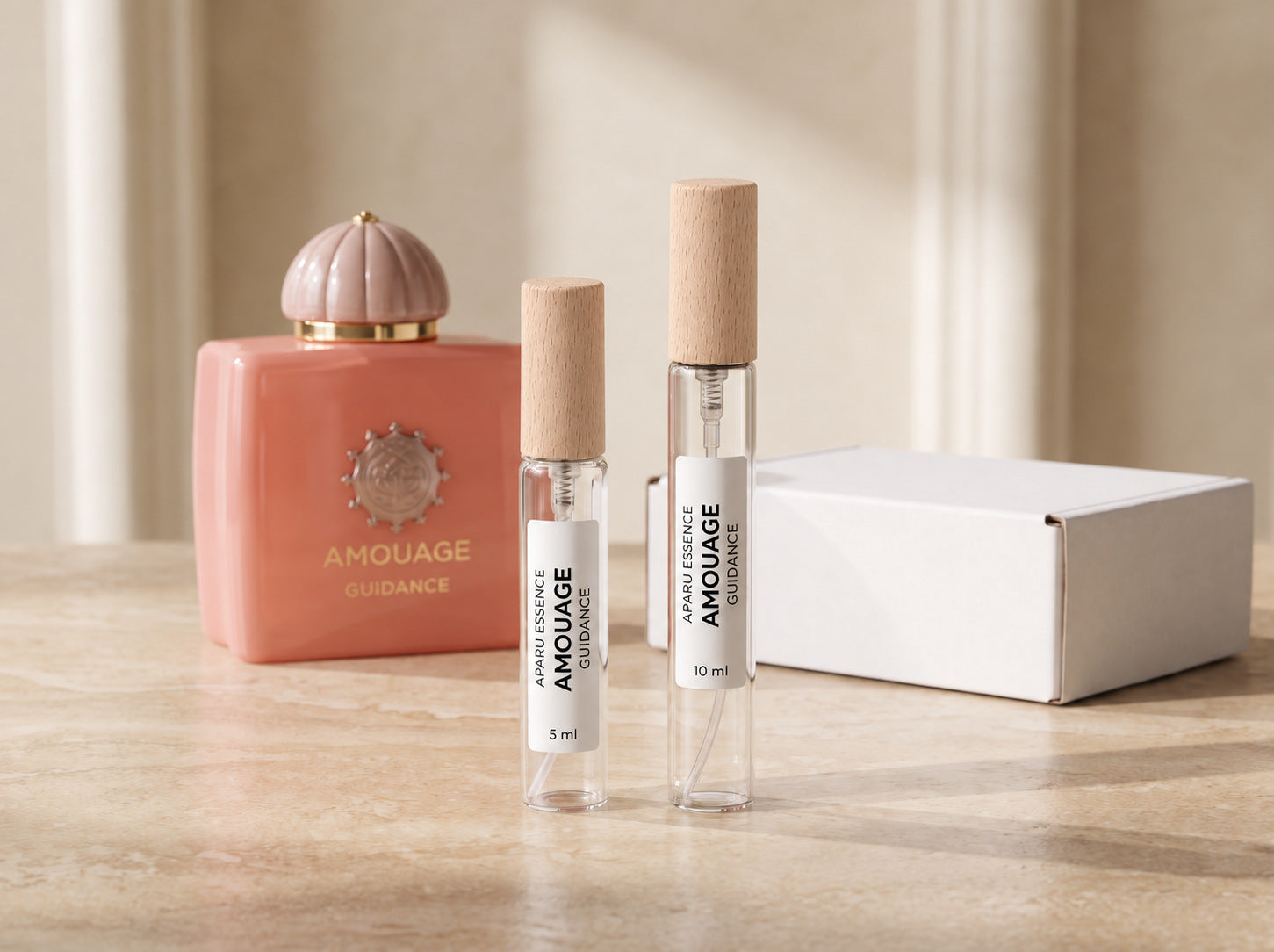 Geplante Aparu Abfüllungen in 5 ml und 10 ml mit Guidance und weißer Verpackung
