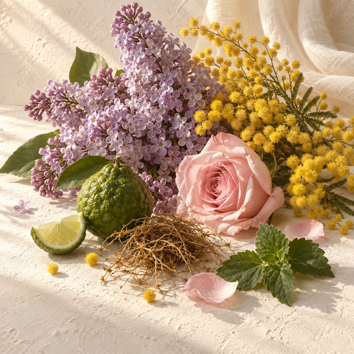 Duftnoten-Visualisierung zu My Sweetest Morphine: Flieder, Mimose, Bergamotte, Rose, Vetiver und Patchouli in warmem Licht.
